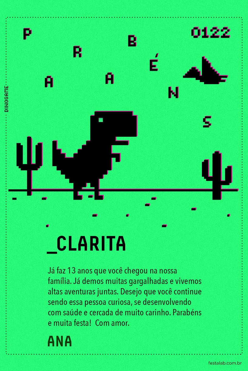 Crie seu Cartão de Aniversário - Dino Game com a Festalab