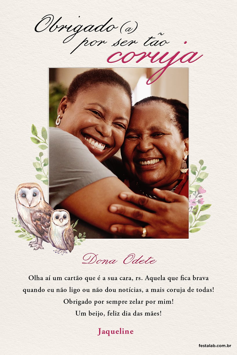 Crie seu Cartão de Ocasiões especiais - Obrigado por ser tão coruja com a Festalab