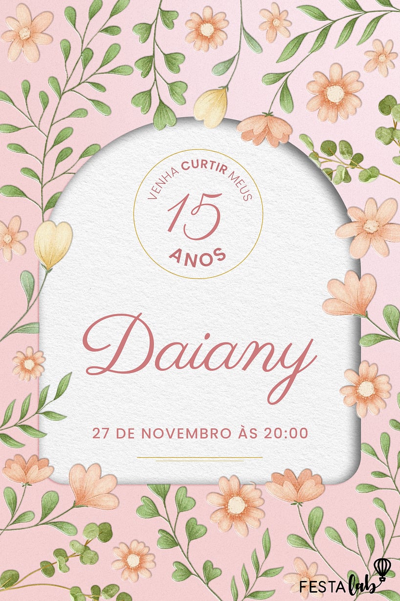 Modelo de Convite de Aniversario de 15 anos - 15 anos florido Criar convite de Aniversário de 15 anos - 15 anos florido| FestaLab