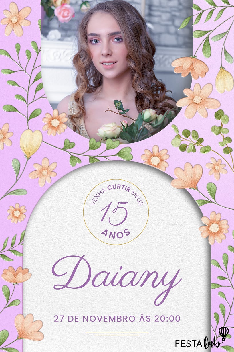 Modelo de Convite de Aniversario de 15 anos - 15 anos florido Criar convite de Aniversário de 15 anos - 15 anos florido| FestaLab