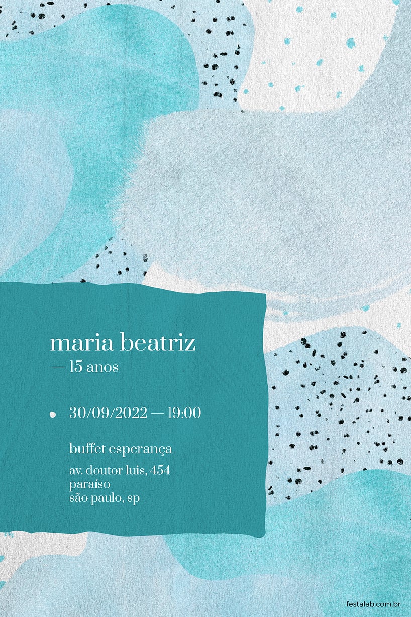 Modelo de Convite de Aniversario de 15 anos - Aquarelado azul Criar convite de Aniversário de 15 anos - Aquarelado azul| FestaLab