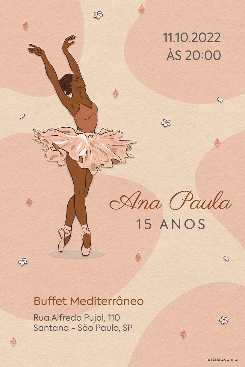 Modelo de Convite de Aniversario de 15 anos - Uma Celebracao Bailarina - Bege Criar convite de Aniversário de 15 anos - Uma Celebração Bailarina - Bege| FestaLab