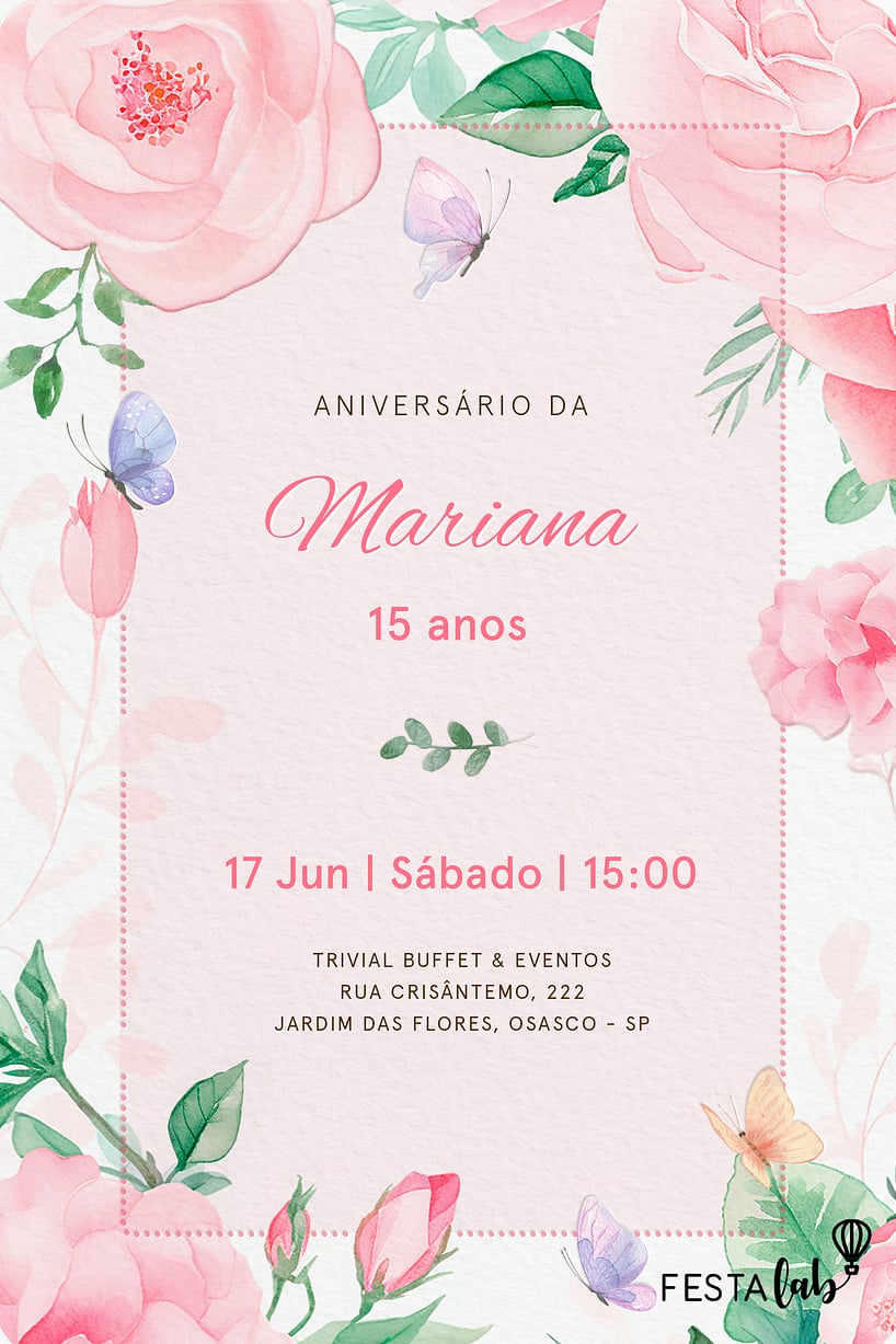 Modelo de Convite de Aniversario de 15 anos - Bosque das borboletas Criar convite de Aniversário de 15 anos - Bosque das borboletas| FestaLab