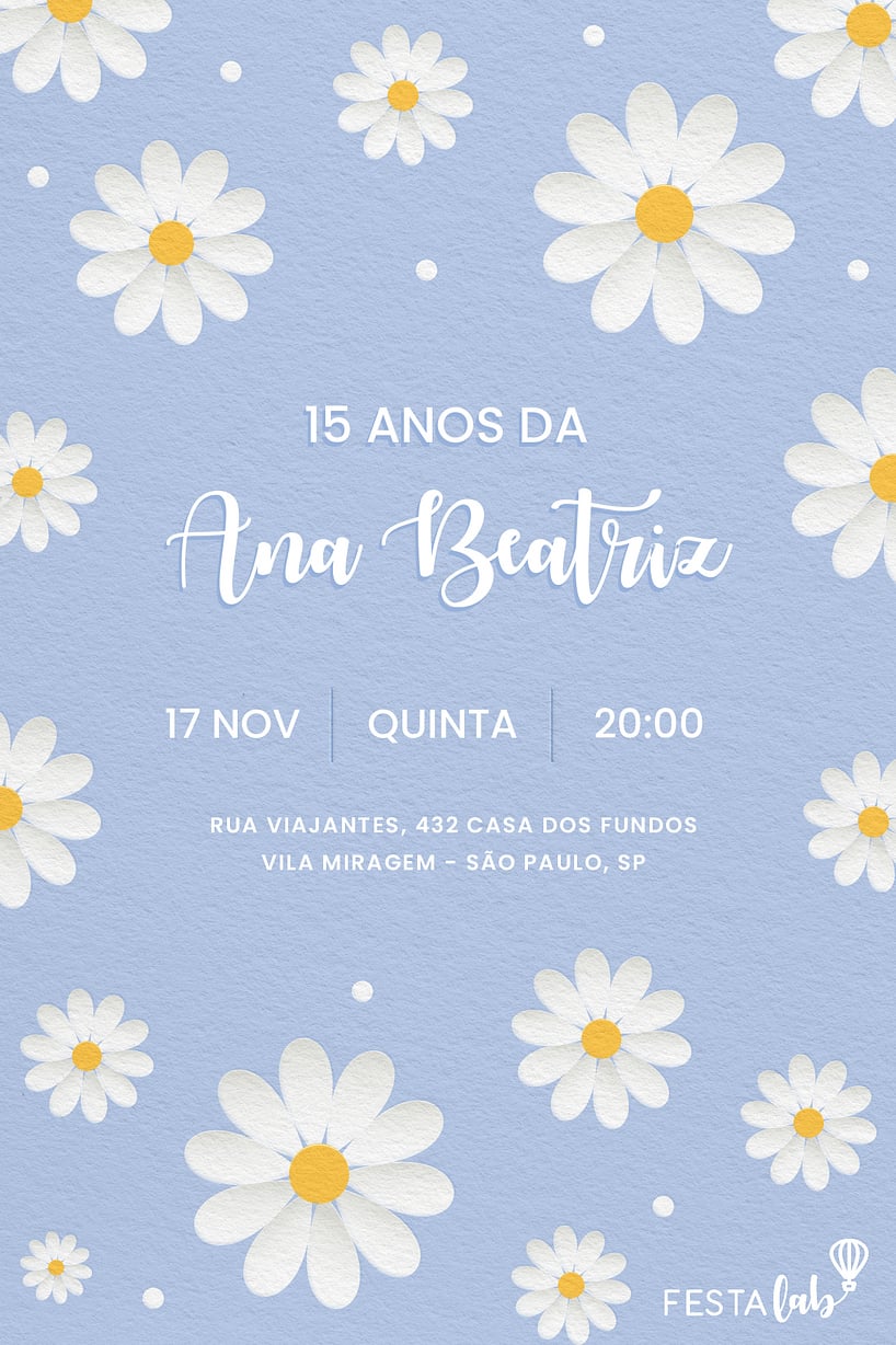 Modelo de Convite de Aniversario de 15 anos - Campo Celestial de Margaridas Azuis Criar convite de Aniversário de 15 anos - Campo Celestial de Margaridas Azuis| FestaLab