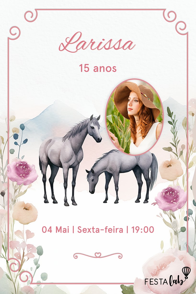 Modelo de Convite de Aniversario de 15 anos - Cavalos no bosque encantado Criar convite de Aniversário de 15 anos - Cavalos no bosque encantado| FestaLab