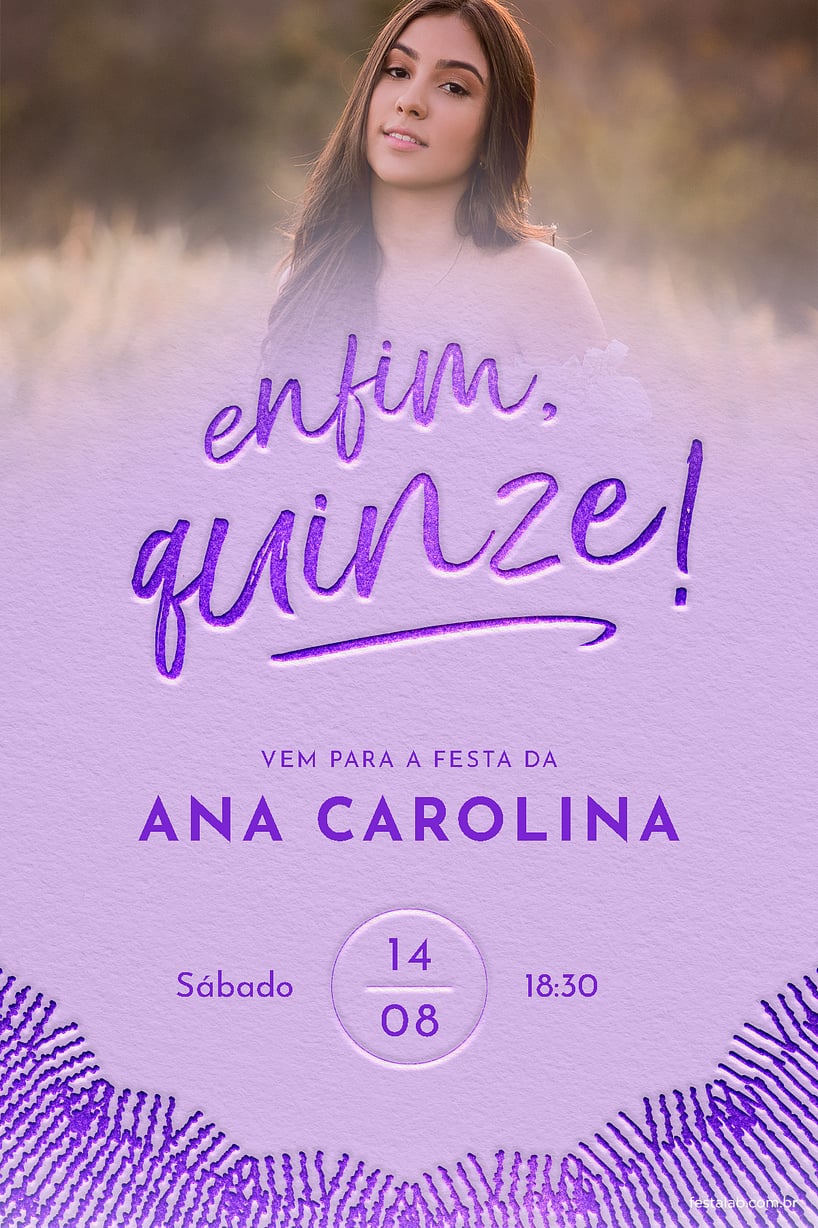 Modelo de Convite de Aniversario de 15 anos - Enfim, quinze! Cor lilas Criar convite de Aniversário de 15 anos - Enfim, quinze! Cor lílas| FestaLab