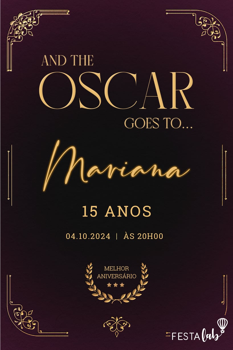 Modelo de Convite de Aniversario de 15 anos - Festa do Oscar Criar convite de Aniversário de 15 anos - Festa do Oscar| FestaLab