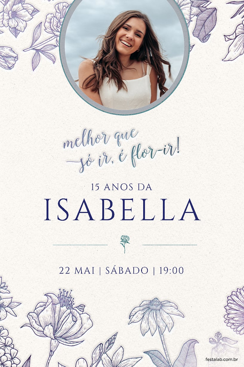 Modelo de Convite de Aniversario de 15 anos - Flor-ir azul Criar convite de Aniversário de 15 anos - Flor-ir azul| FestaLab
