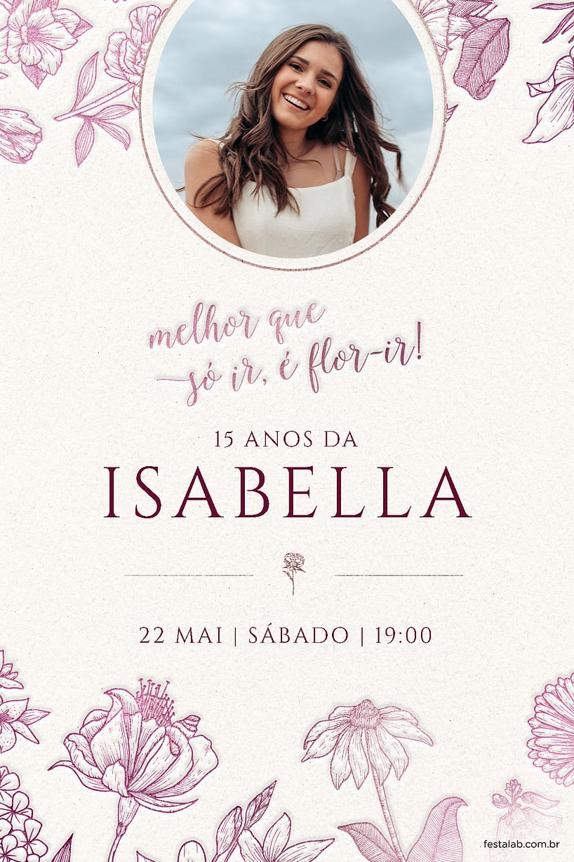 Modelo de Convite de Aniversario de 15 anos - Flor-ir marsala Criar convite de Aniversário de 15 anos - Flor-ir marsala| FestaLab