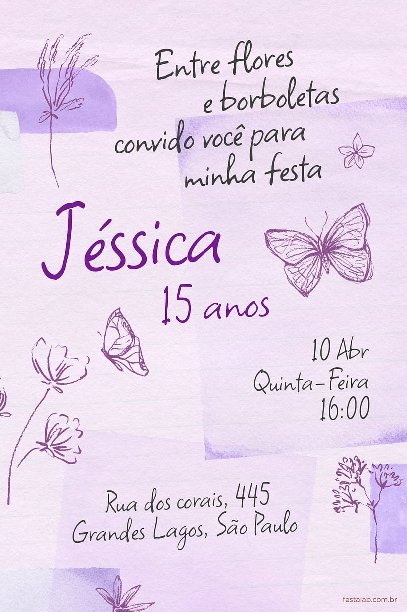 Modelo de Convite de Aniversario de 15 anos - Flores & Borboletas Lilas Criar convite de Aniversário de 15 anos - Flores & Borboletas Lilás| FestaLab