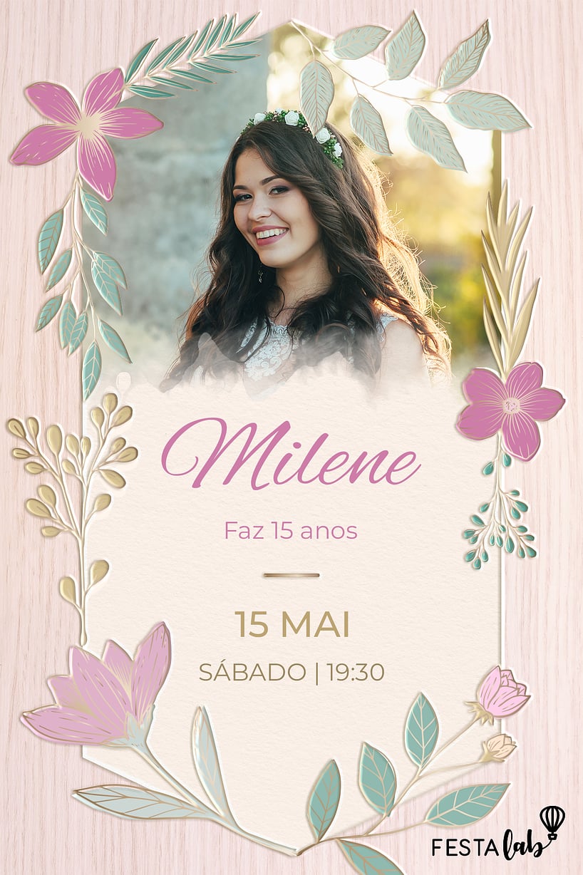 Modelo de Convite de Aniversario de 15 anos - Flores Entalhadas Criar convite de Aniversário de 15 anos - Flores Entalhadas| FestaLab