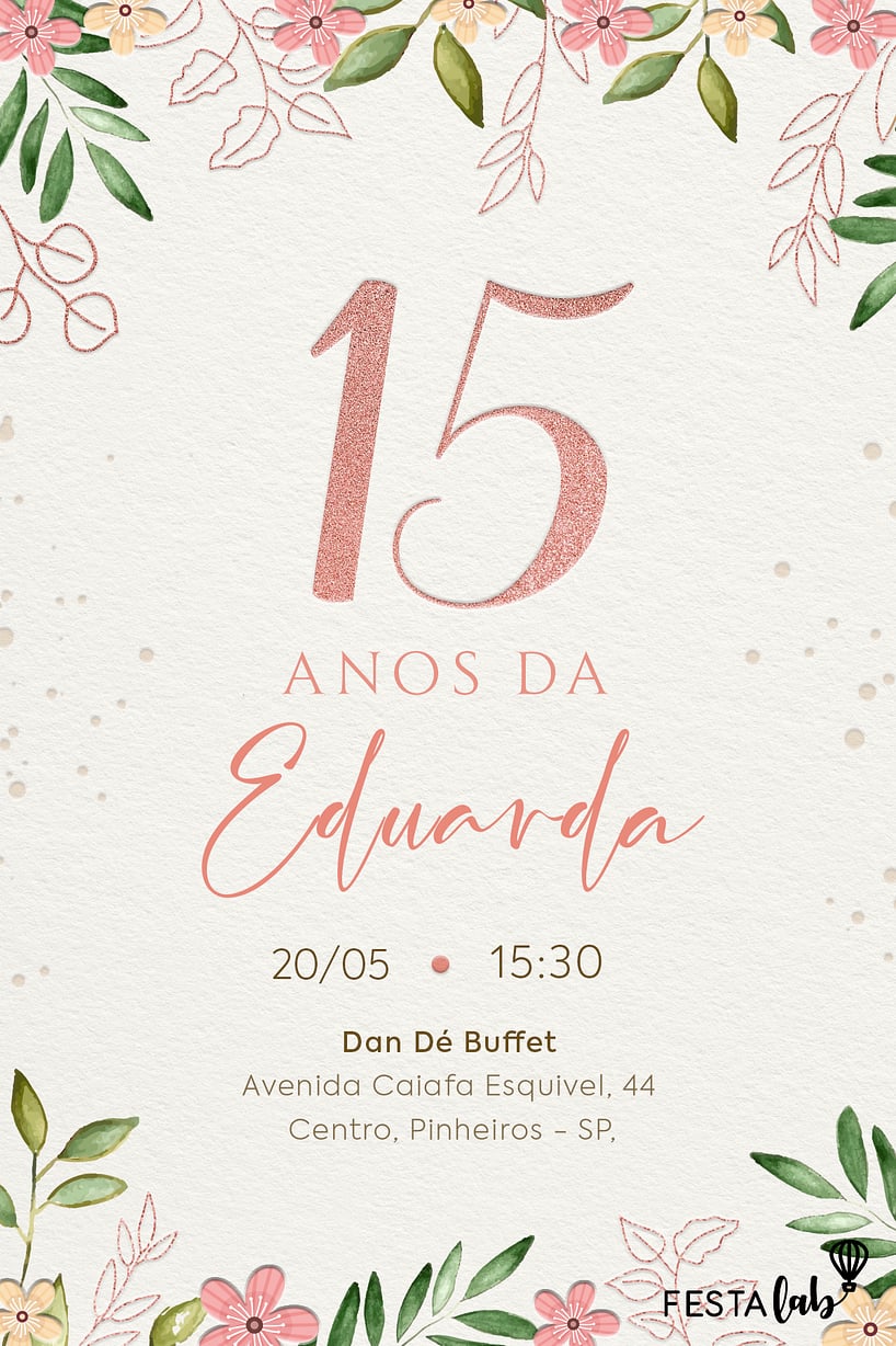 Modelo de Convite de Aniversario de 15 anos - Florescer Criar convite de Aniversário de 15 anos - Florescer| FestaLab