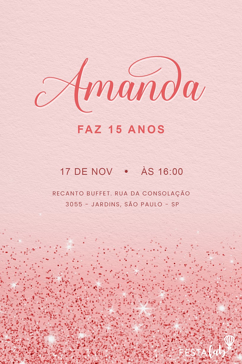 Modelo de Convite de Aniversario de 15 anos - Glamour em Glitter Criar convite de Aniversário de 15 anos - Glamour em Glitter| FestaLab