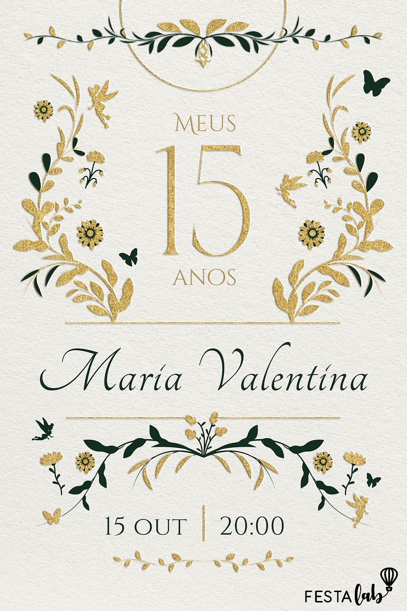 Modelo de Convite de Aniversario de 15 anos - Jardim dourado 15 anos Criar convite de Aniversário de 15 anos - Jardim dourado 15 anos| FestaLab