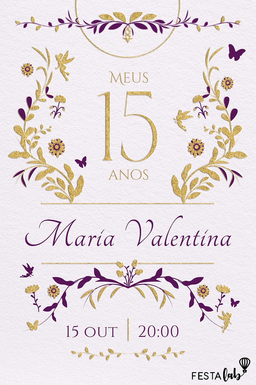 Modelo de Convite de Aniversario de 15 anos - Jardim roxo 15 anos Criar convite de Aniversário de 15 anos - Jardim roxo 15 anos| FestaLab