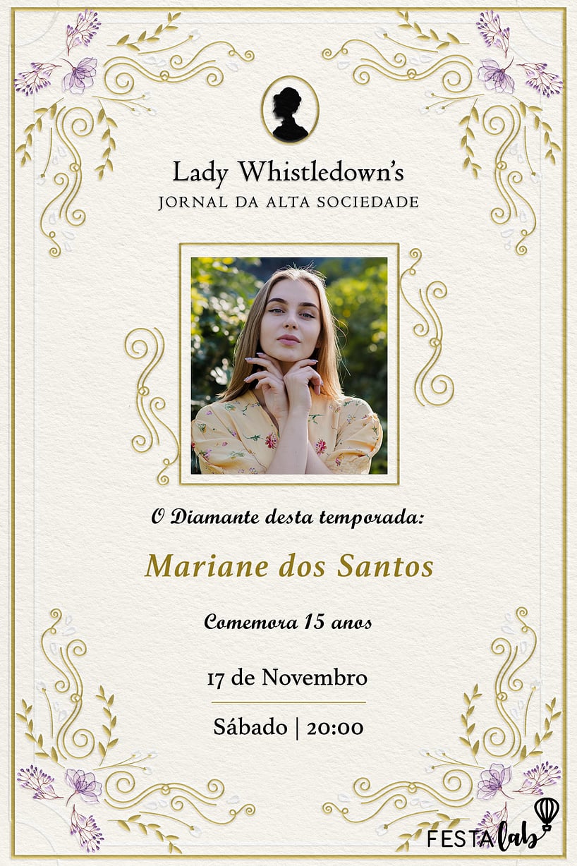 Modelo de Convite de Aniversario de 15 anos - Jornal da Lady Whistledown?s Criar convite de Aniversário de 15 anos - Jornal da Lady Whistledown’s| FestaLab