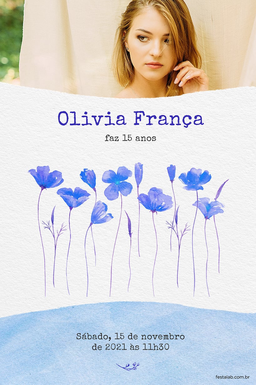 Modelo de Convite de Aniversario de 15 anos - Lirios aquarela azul Criar convite de Aniversário de 15 anos - Lírios aquarela azul| FestaLab