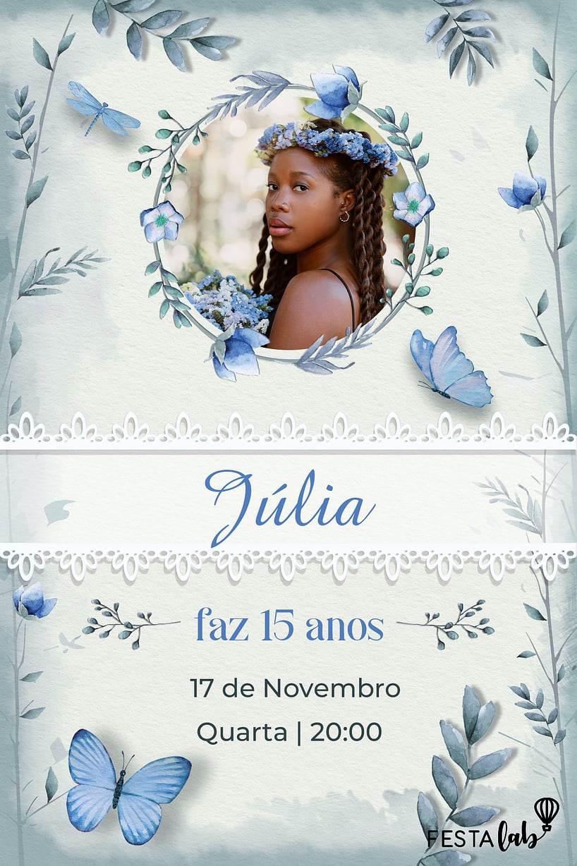 Modelo de Convite de Aniversario de 15 anos - Jardim Azul Criar convite de Aniversário de 15 anos - Jardim Azul| FestaLab