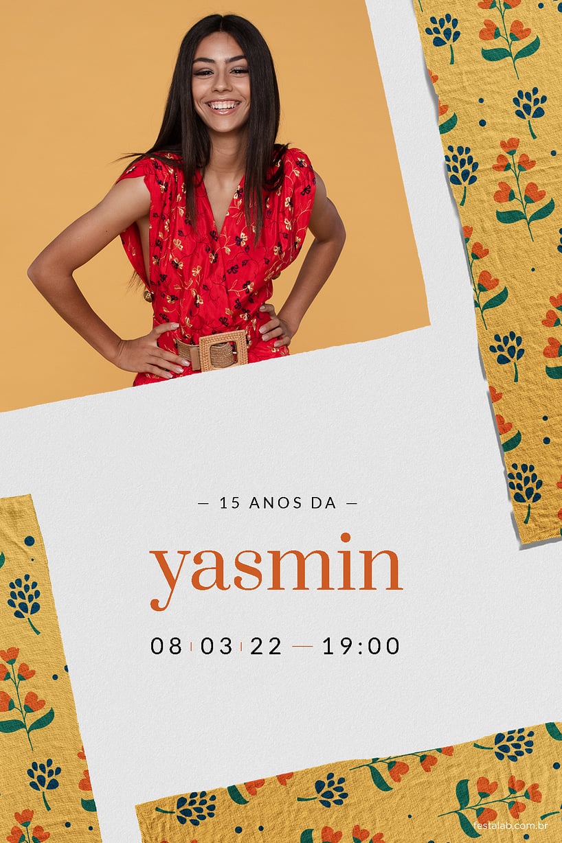 Modelo de Convite de Aniversario de 15 anos - Tecido Floral Amarelo Criar convite de Aniversário de 15 anos - Tecido Floral Amarelo| FestaLab