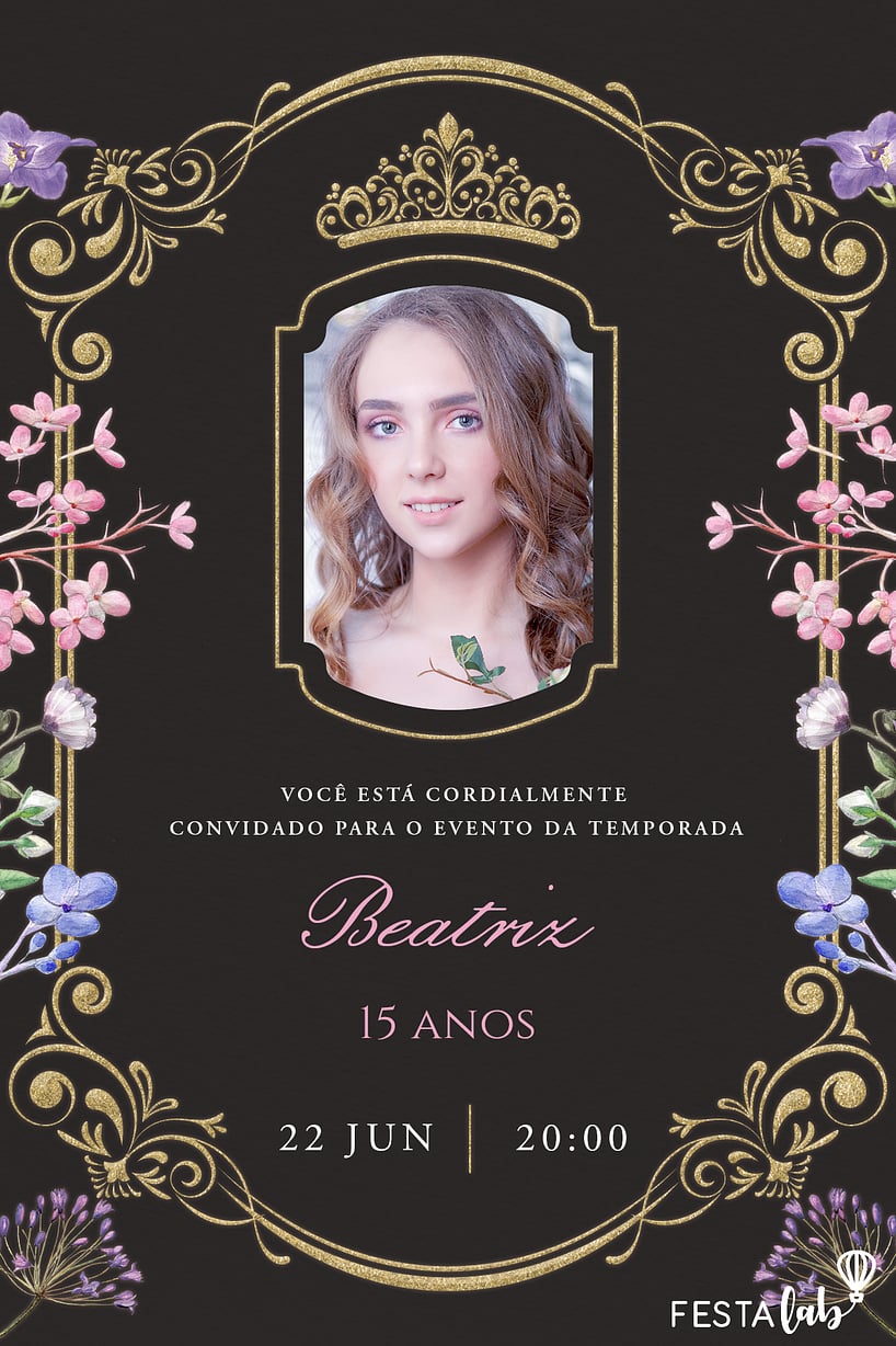 Modelo de Convite de Aniversario de 15 anos - Uma Noite Encantada e Florida Criar convite de Aniversário de 15 anos - Uma Noite Encantada e Florida| FestaLab