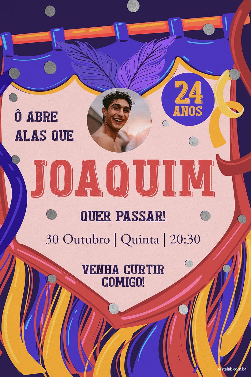 Modelo de Convite de Aniversario Adulto - Abre alas carnaval Criar convite de aniversário - Abre alas carnaval| FestaLab