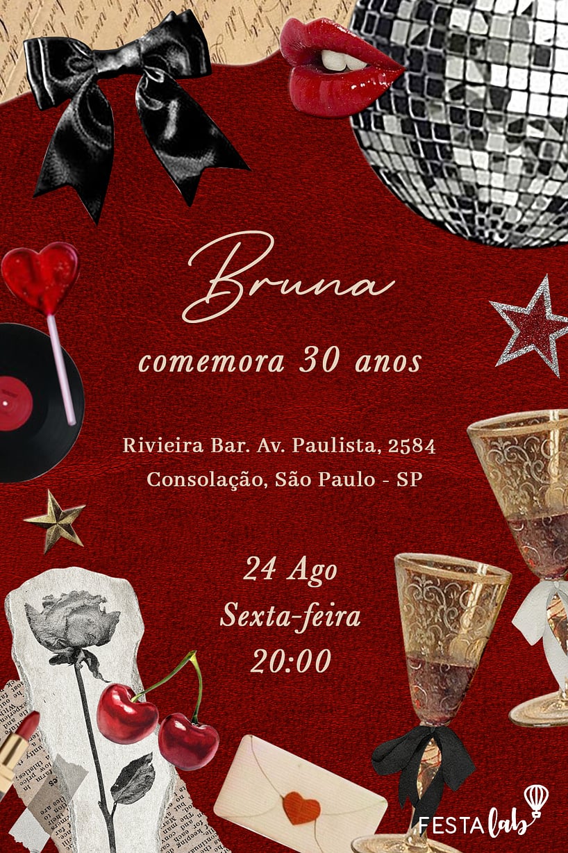 Modelo de Convite de Aniversario Adulto - Aesthetic Vermelho Criar convite de aniversário - Aesthetic Vermelho| FestaLab