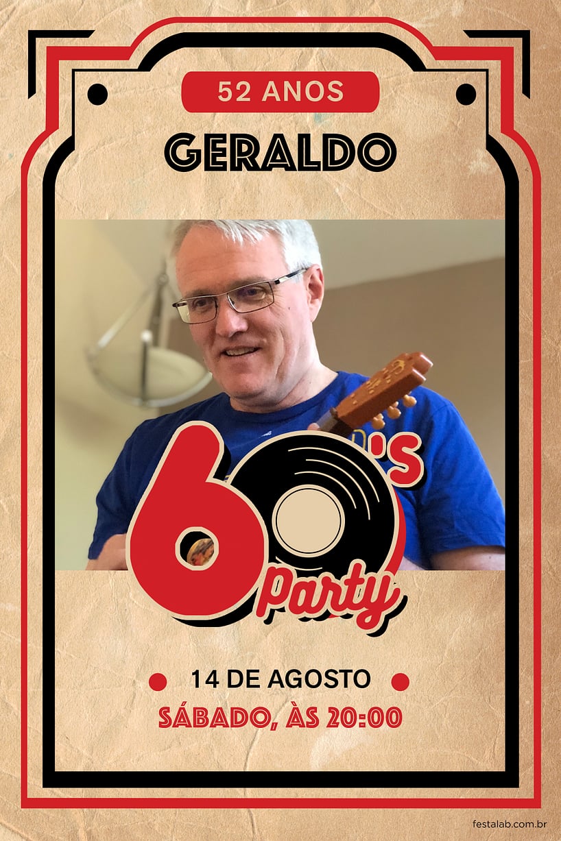 Modelo de Convite de Aniversario Adulto - anos 60 Criar convite de aniversário - anos 60| FestaLab