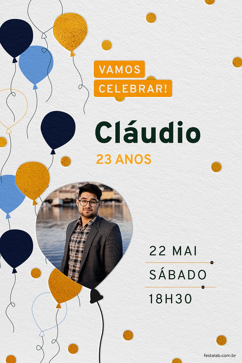 Modelo de Convite de Aniversario Adulto - Baloes Azul e Amarelo Criar convite de aniversário - Balões Azul e Amarelo| FestaLab