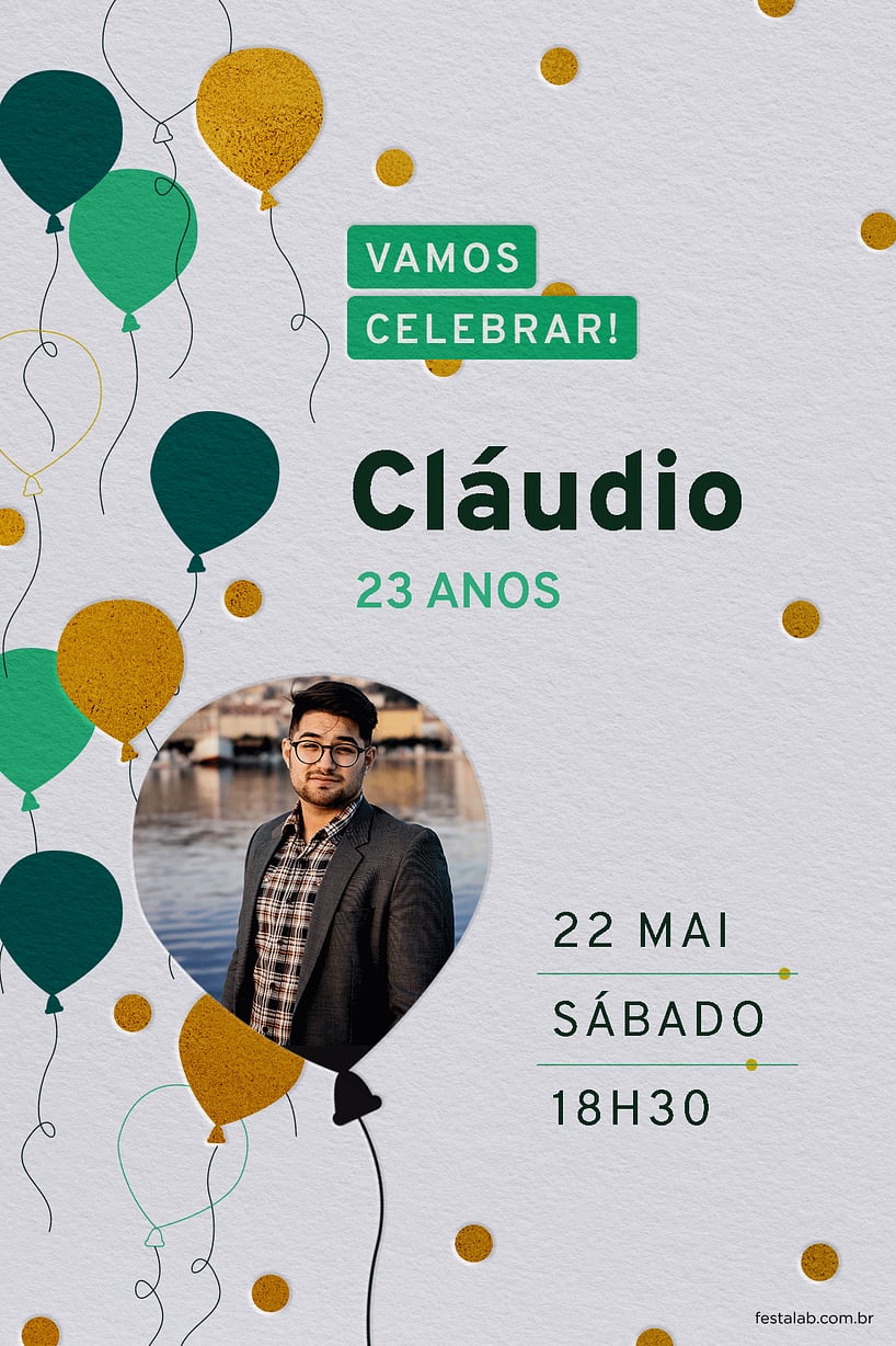 Modelo de Convite de Aniversario Adulto - Baloes Verde e Amarelo Criar convite de aniversário - Balões Verde e Amarelo| FestaLab