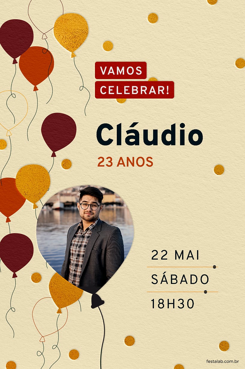 Modelo de Convite de Aniversario Adulto - Baloes vinho e laranja Criar convite de aniversário - Balões vinho e laranja| FestaLab