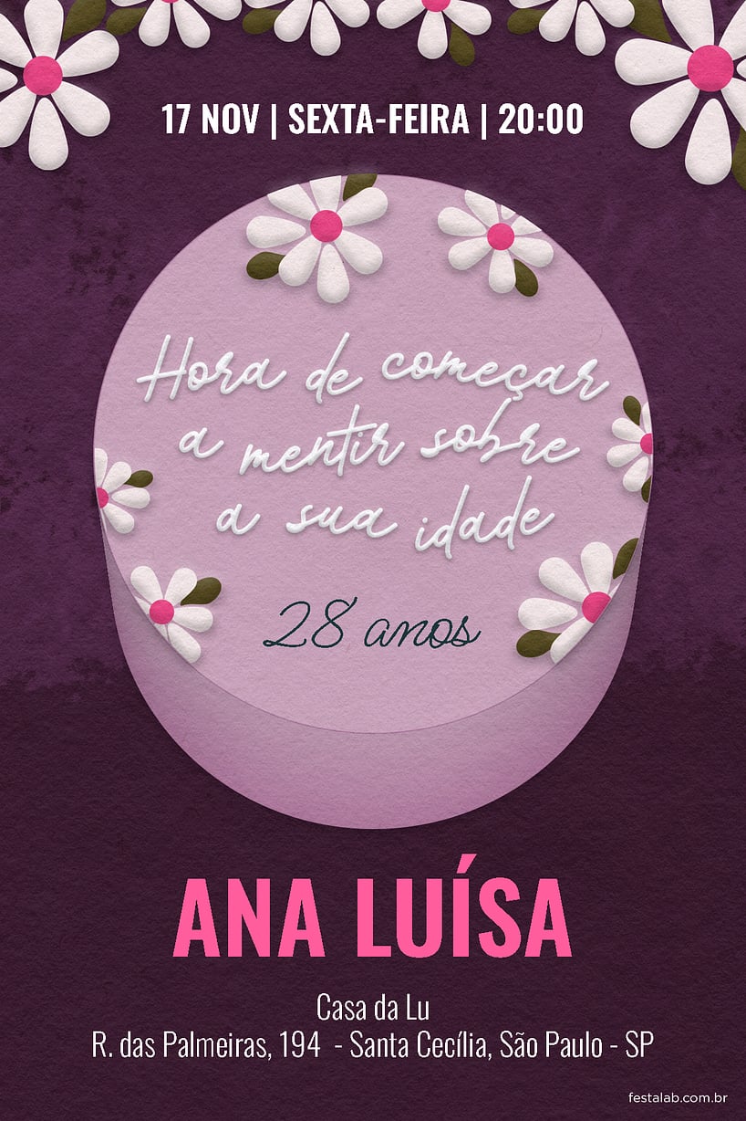 Modelo de Convite de Aniversario Adulto - Cake roxo Criar convite de aniversário - Cake roxo| FestaLab