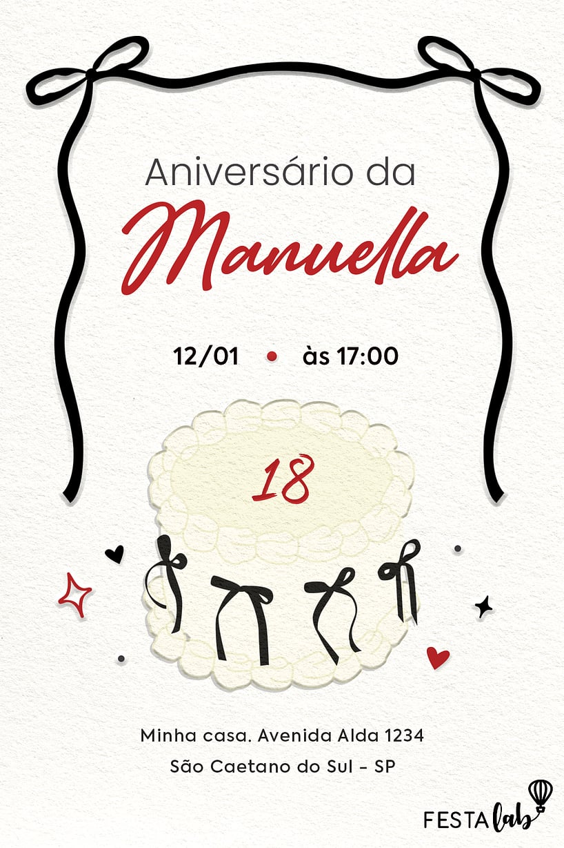 Modelo de Convite de Aniversario Adulto - Bolo de laco Criar convite de aniversário - Bolo de laço| FestaLab