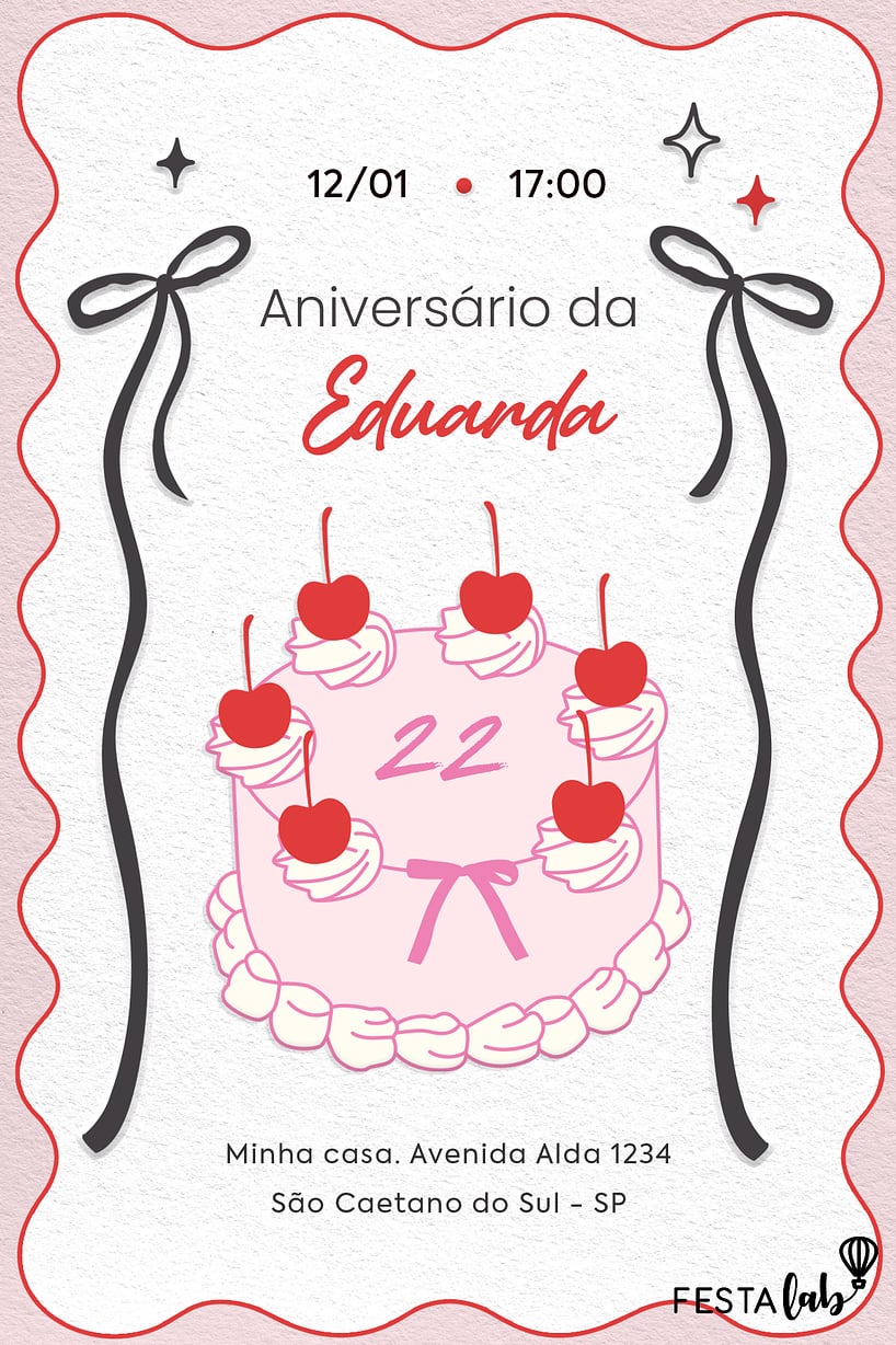 Modelo de Convite de Aniversario Adulto - Bolo de Laco Rosa Criar convite de aniversário - Bolo de Laço Rosa| FestaLab