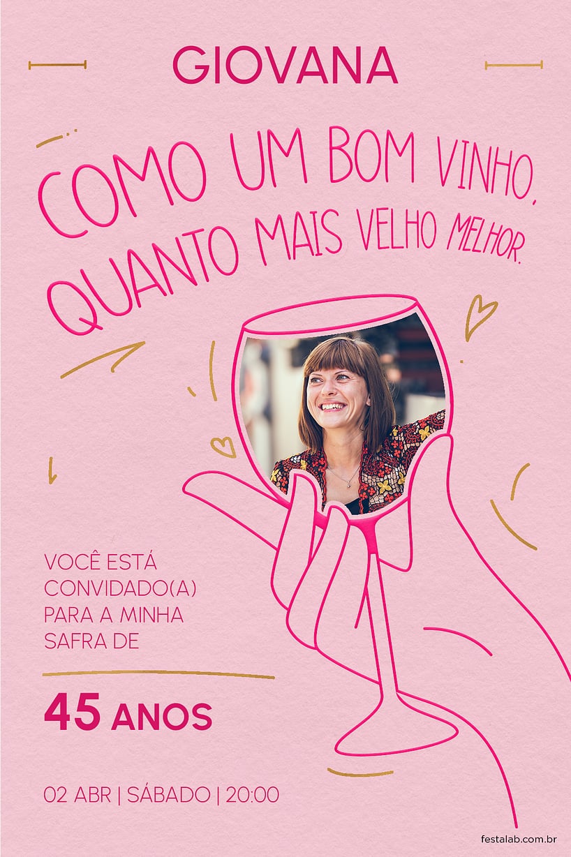 Modelo de Convite de Aniversario Adulto - Bom Vinho Rosa Criar convite de aniversário - Bom Vinho Rosa| FestaLab