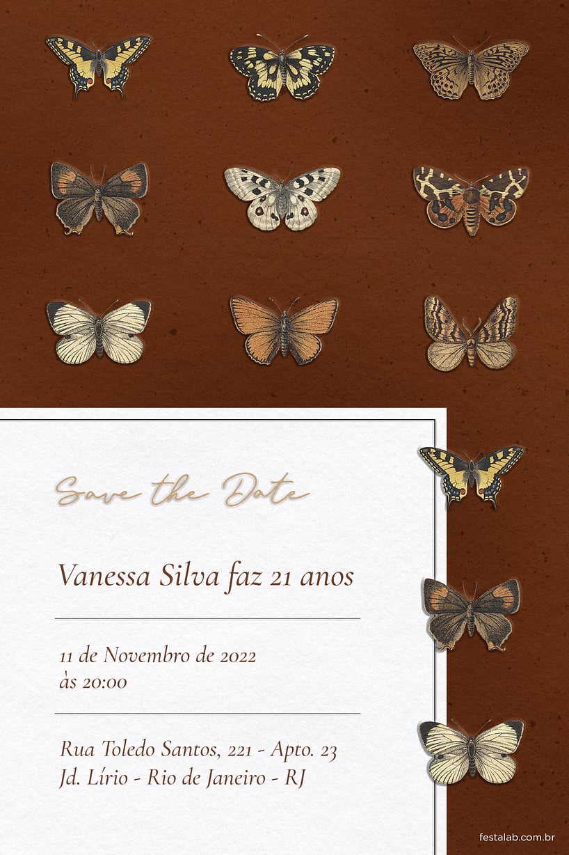 Modelo de Convite de Aniversario Adulto - Borboleta Rustica Criar convite de aniversário - Borboleta Rústica| FestaLab