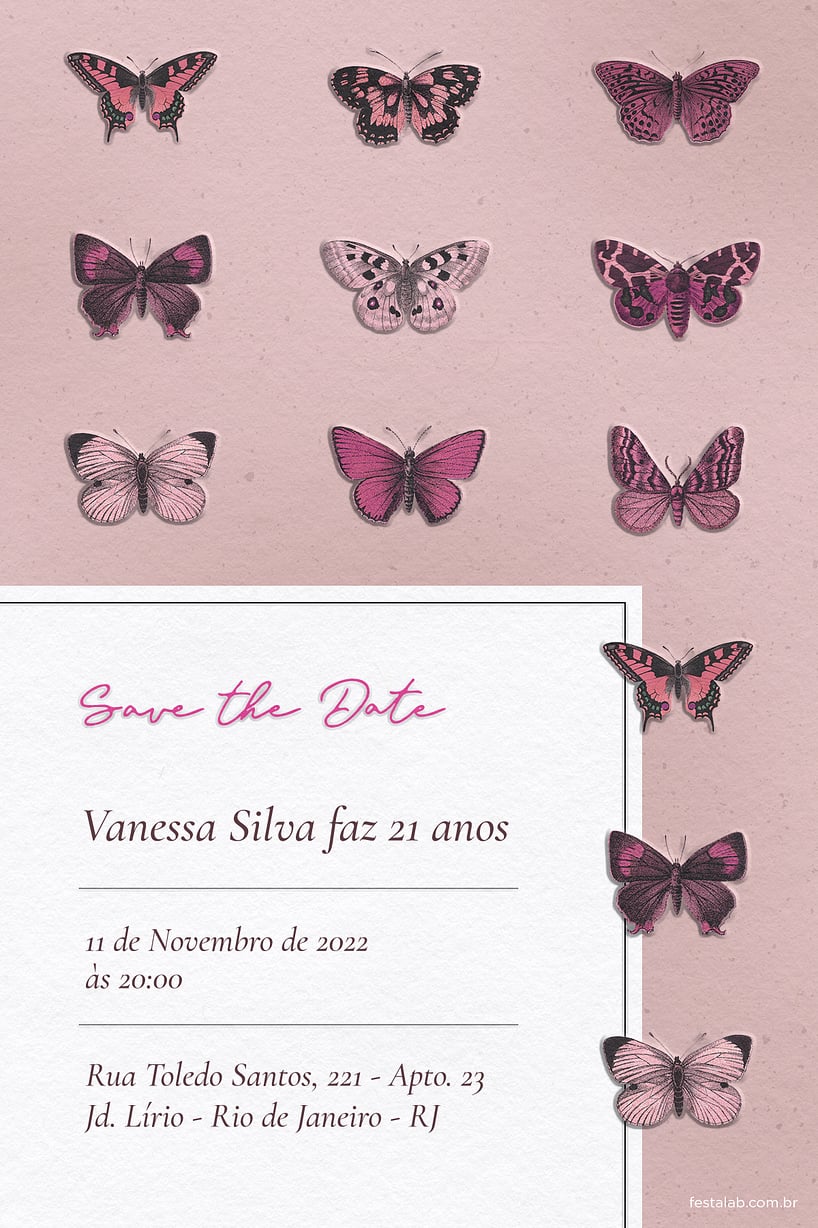 Modelo de Convite de Aniversario Adulto - Borboleta Rustica Rosa Criar convite de aniversário - Borboleta Rústica Rosa| FestaLab