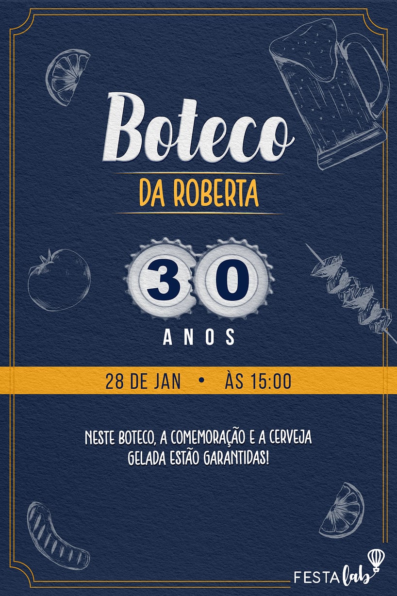 Modelo de Convite de Aniversario Adulto - Boteco Classico azul e amarelo Criar convite de aniversário - Boteco Clássico azul e amarelo| FestaLab