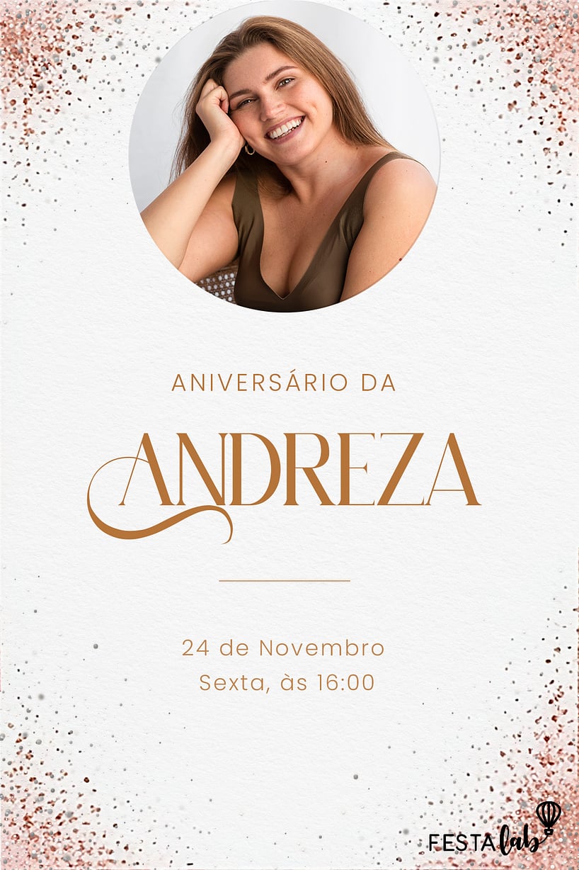 Modelo de Convite de Aniversario Adulto - Brilho Rosa e Prata Criar convite de aniversário - Brilho Rosa e Prata| FestaLab