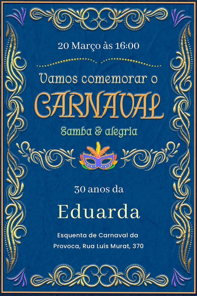 Modelo de Convite de Aniversario Adulto - Carnaval ornamental Criar convite de aniversário - Carnaval ornamental| FestaLab