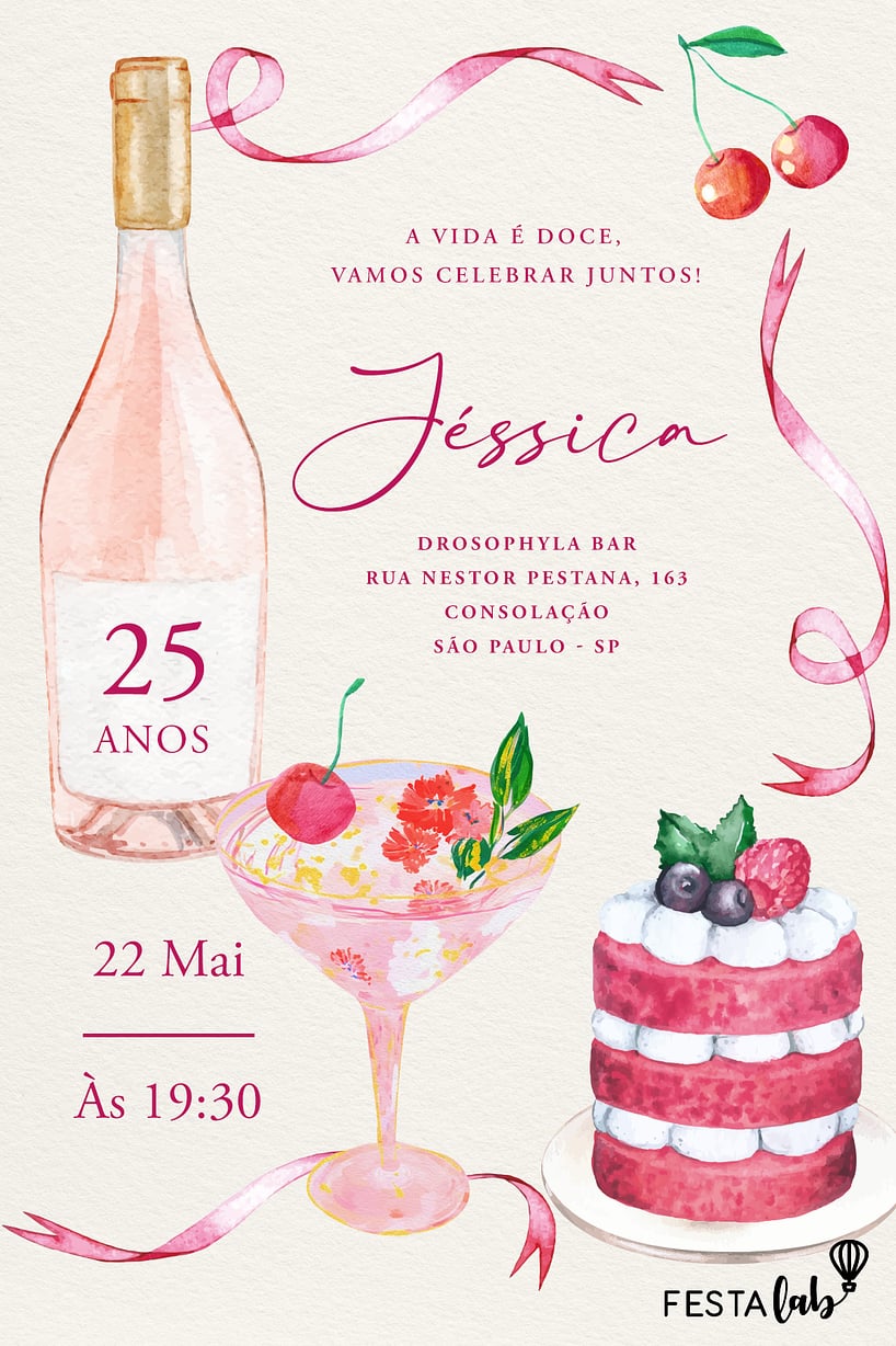 Modelo de Convite de Aniversario Adulto - Cherry Coded Criar convite de aniversário - Cherry Coded| FestaLab
