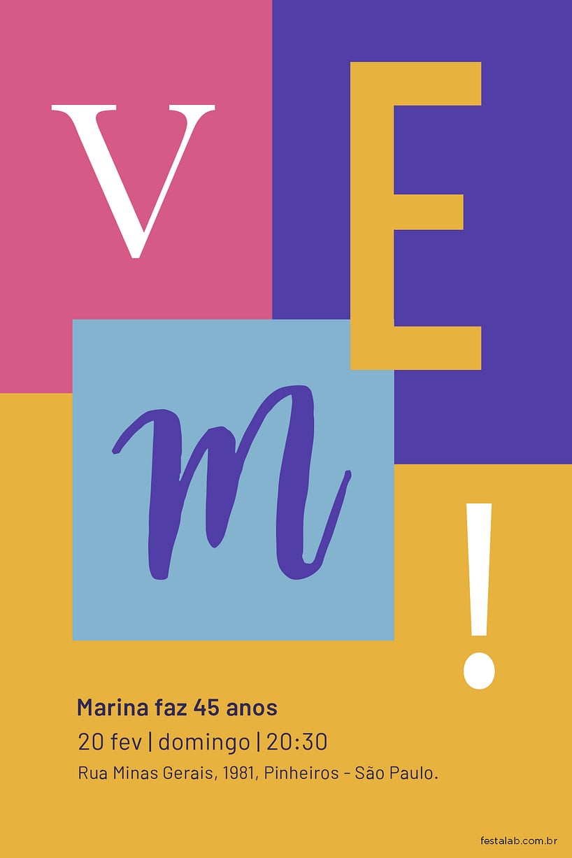 Modelo de Convite de Aniversario Adulto - Colorido Criar convite de aniversário - Colorido| FestaLab