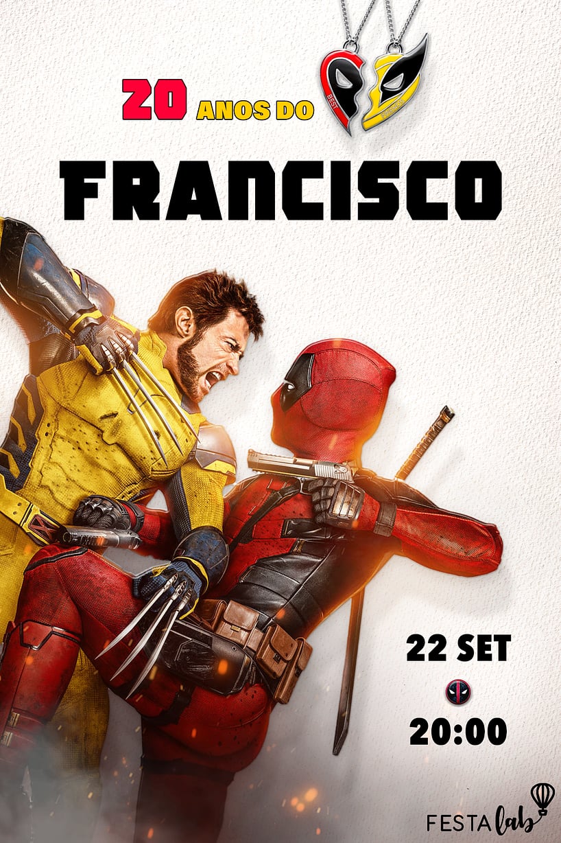 Modelo de Convite de Aniversario Adulto - Deadpool e Wolverine Criar convite de aniversário - Deadpool e Wolverine| FestaLab