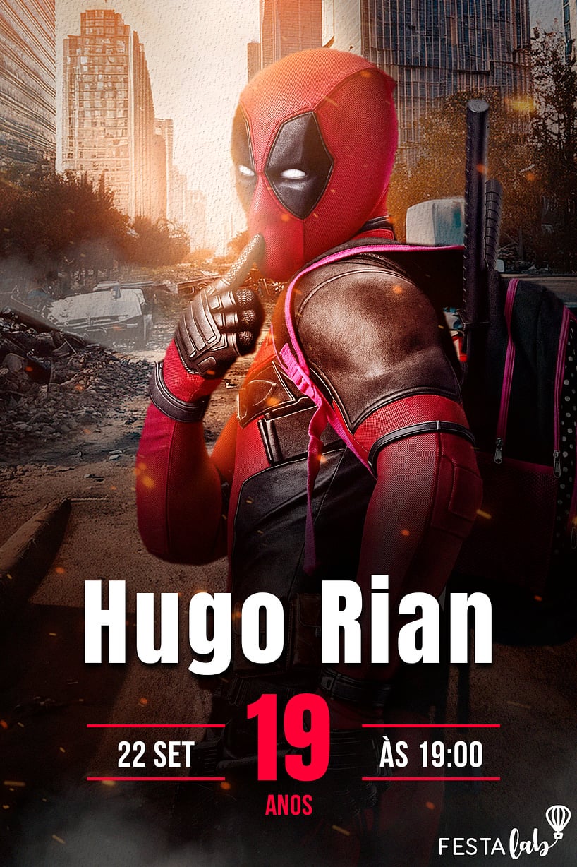 Modelo de Convite de Aniversario Adulto - Deadpool em cena Criar convite de aniversário - Deadpool em cena| FestaLab