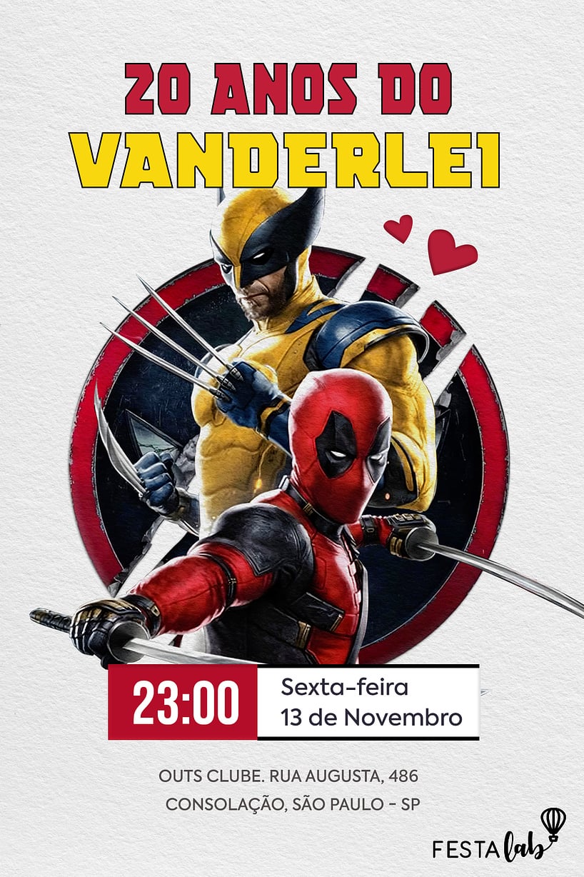 Modelo de Convite de Aniversario Adulto - Deadpool em uma aventura Criar convite de aniversário - Deadpool em uma aventura| FestaLab
