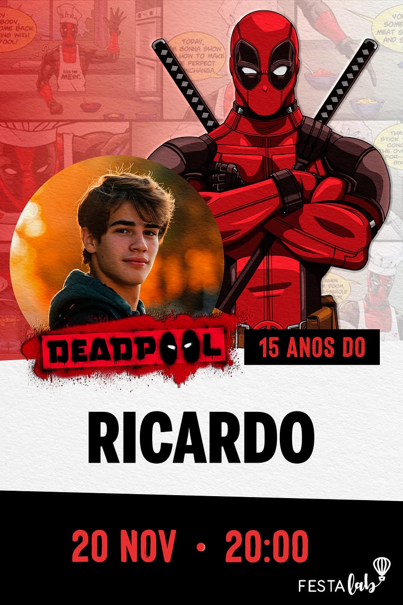 Modelo de Convite de Aniversario Adulto - Deadpool HQ Criar convite de aniversário - Deadpool HQ| FestaLab