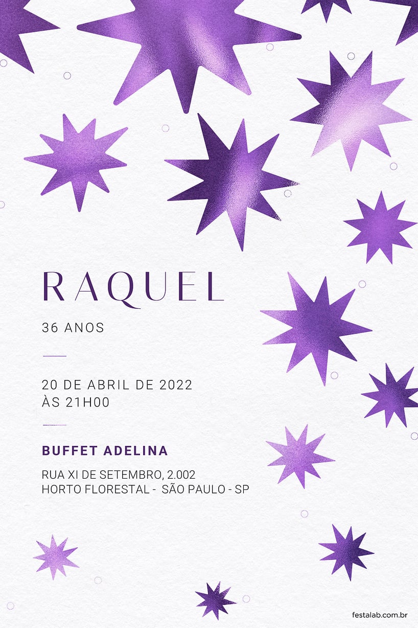 Modelo de Convite de Aniversario Adulto - Estrelado Roxo Criar convite de aniversário - Estrelado Roxo| FestaLab