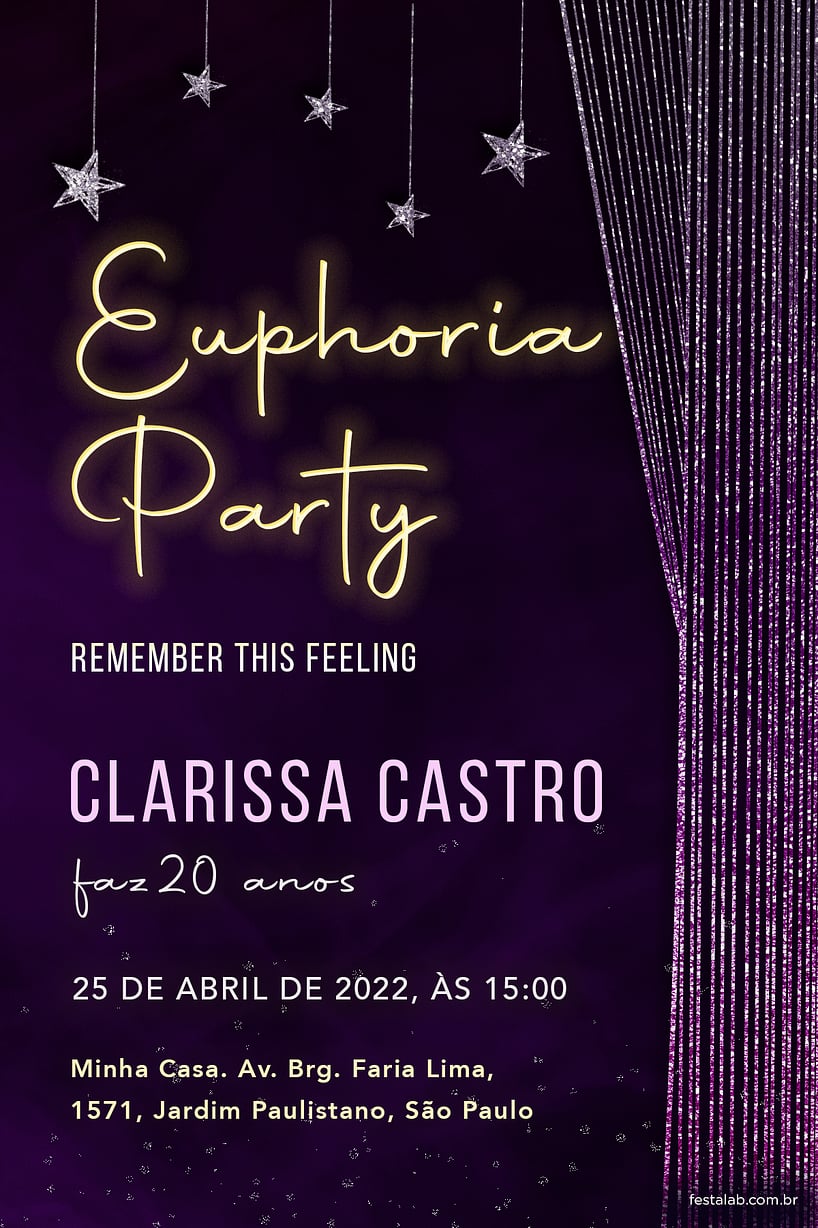 Modelo de Convite de Aniversario Adulto - Euphoria Party Criar convite de aniversário - Euphoria Party| FestaLab