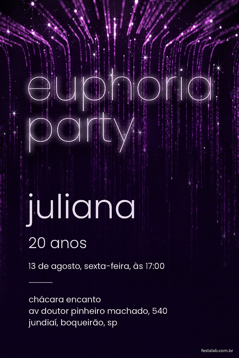 Modelo de Convite de Aniversario Adulto - Euforia Noturna: Roxa Criar convite de aniversário - Euforia Noturna: Roxa| FestaLab