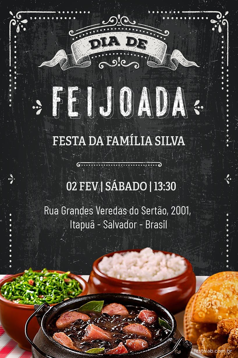 Modelo de Convite de Aniversario Adulto - Feijoada Criar convite de aniversário - Feijoada| FestaLab