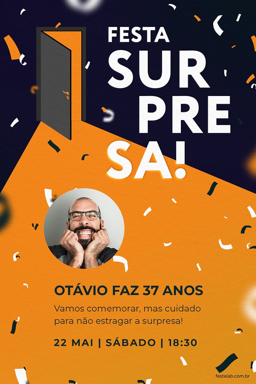 Modelo de Convite de Aniversario Adulto - Festa surpresa laranja Criar convite de aniversário - Festa surpresa laranja| FestaLab